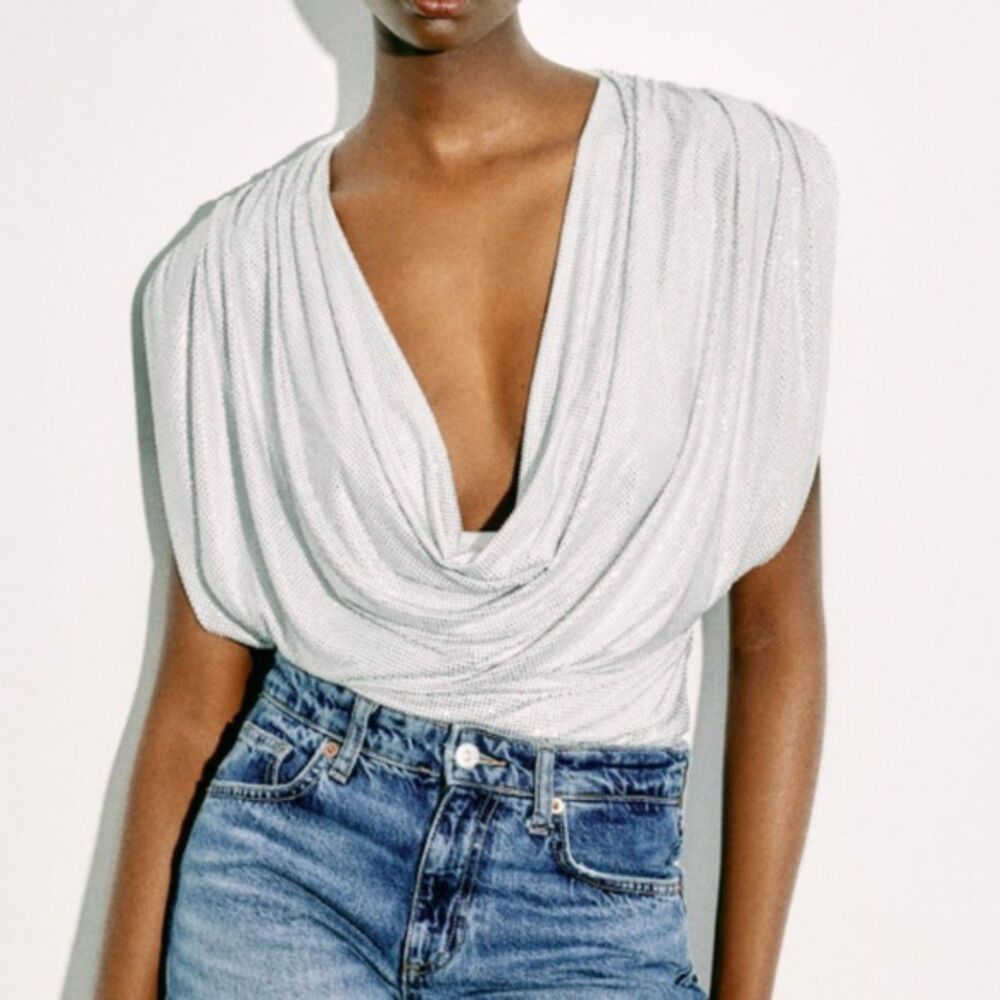 ZARA JEWEL SHOULDER PAD BODYSUIT Silver Ref 4772/002